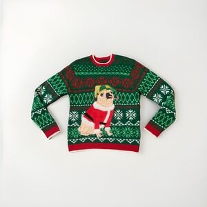 Santa Pug Dog Elf Hat With Bell Ugly Christmas Sweater Unisex Large Crew Neck